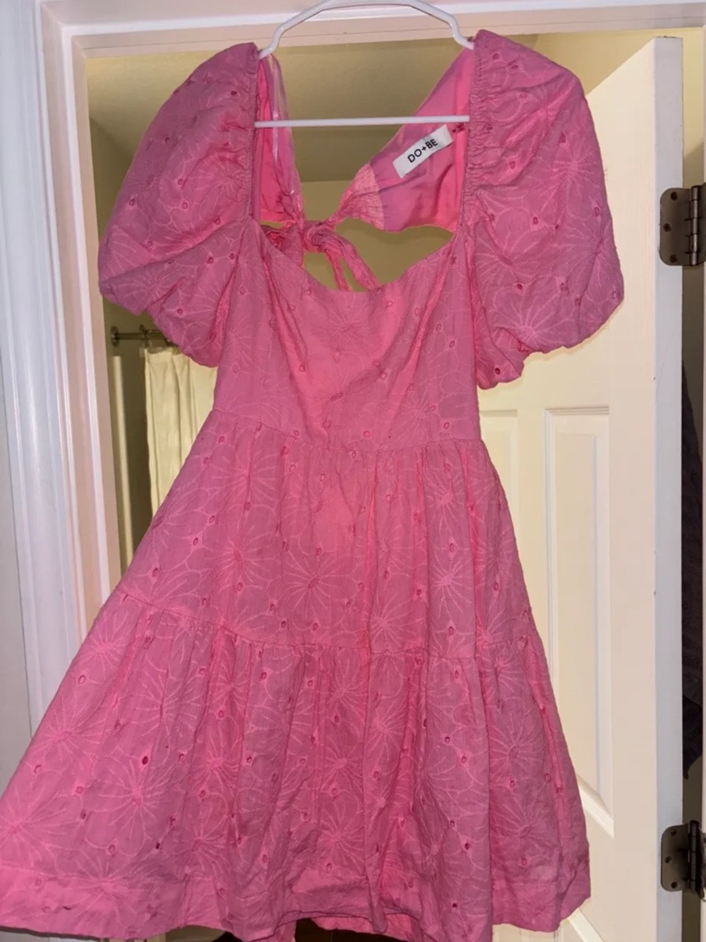 DO+BE Pink Eyelet Puff-Sleeve Tie-Back Dress